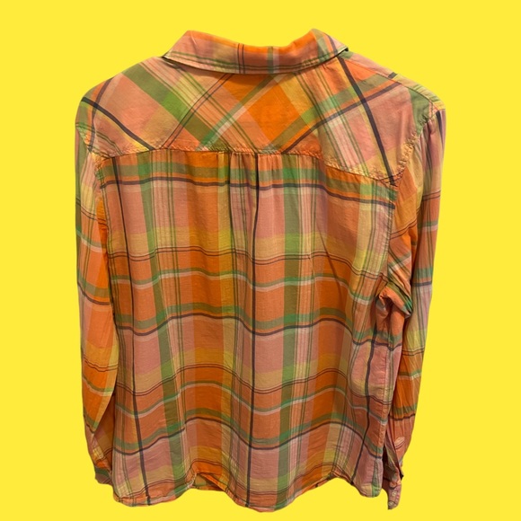 Talbots Womens Peach Pink Cotton Madras Plaid Button Up Shirt Blouse Large - Picture 7 of 7